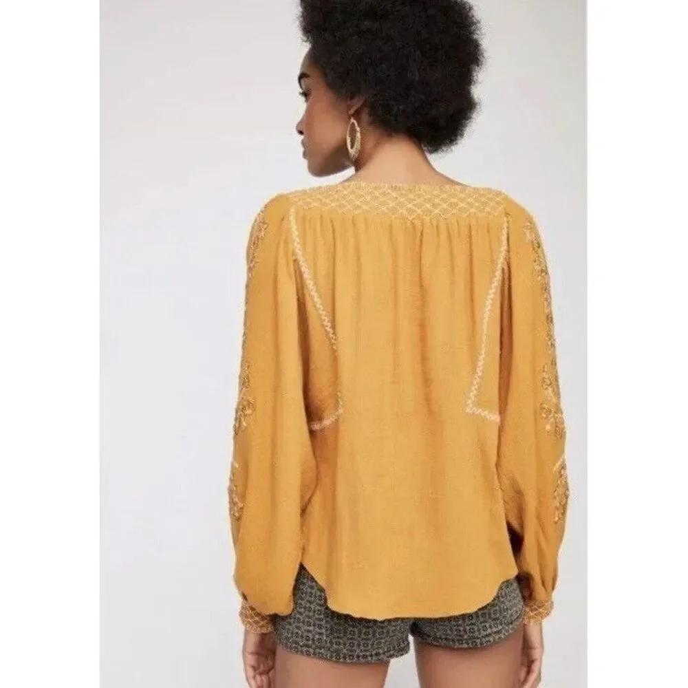 Free‎ People Notting Hill Embroidered Peasant Top Sz S - Mustard Yellow $168